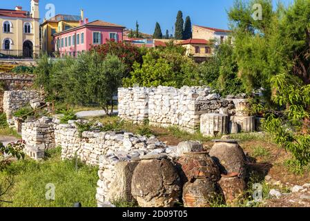 Hadrian`s Library in Athens, Greece. Classical Ancient Greek ruins at Plaka district in Athens city center. This place is famous tourist attraction of Stock Photo
